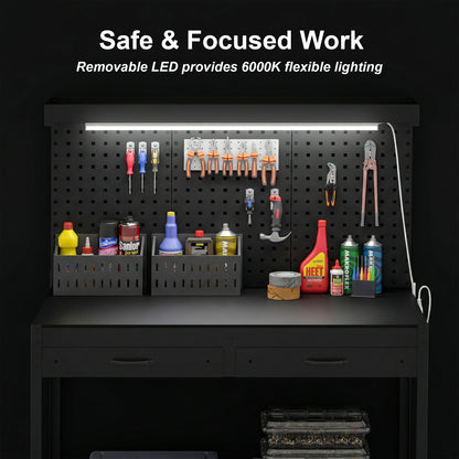 110 cm Workbench with Pegboard, Heavy Duty Work Table with Power Strip and LED Light, Black