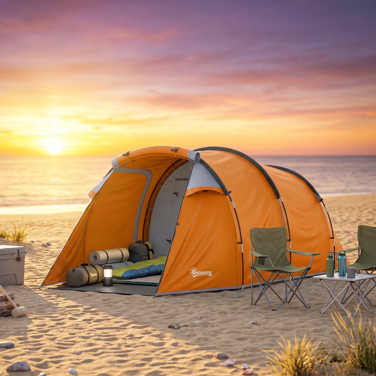 2 Man Tunnel Tent with Sewn-in Groundsheet, Air Vents, Rainfly, 2000mm Large Camping Tent with Bedroom, Porch