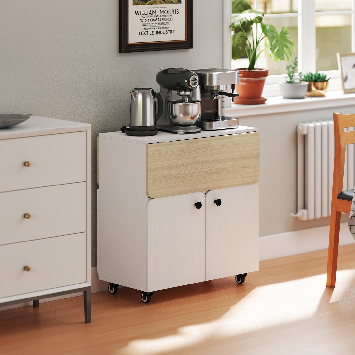 Folding Dining Table, Rolling Drop Leaf Table with Hidden Shelf & Cabinet for Dining Room, Small Spaces, White