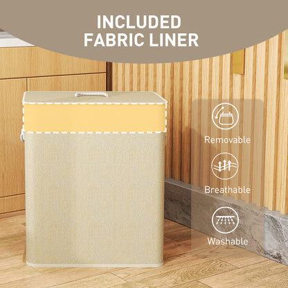 2 Section Laundry Basket with Lid, 100L Bamboo Laundry Hamper with Handles, Removable and Washable Liner, Cream White