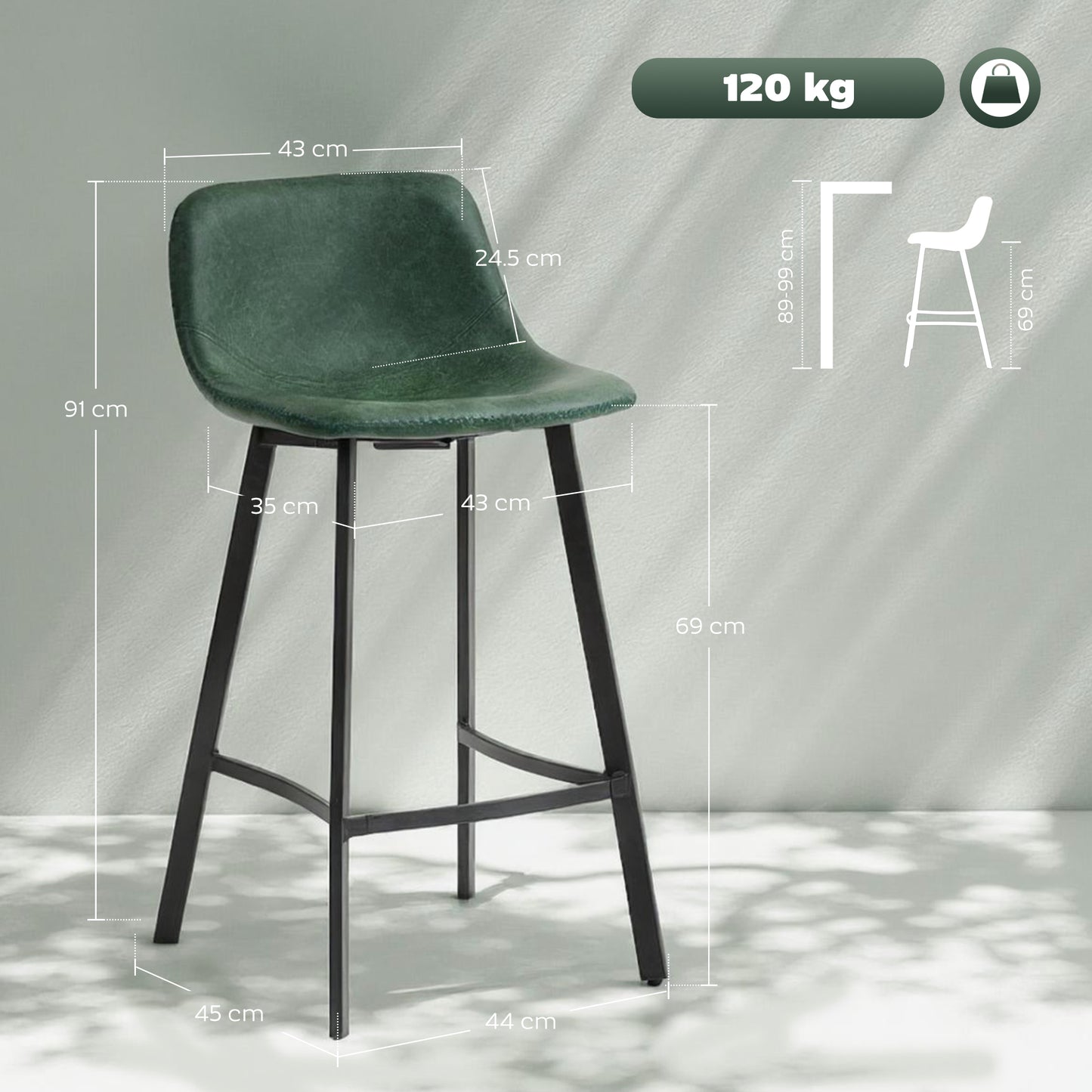 Bar Stools Set of 2, PU Leather Dining Stools with Backrest, Footrest, for Kitchen, Counter, Breakfast Bar, Green
