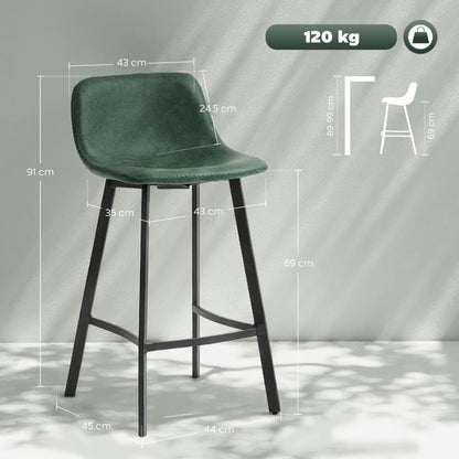Bar Stools Set of 2, PU Leather Dining Stools with Backrest, Footrest, for Kitchen, Counter, Breakfast Bar, Green