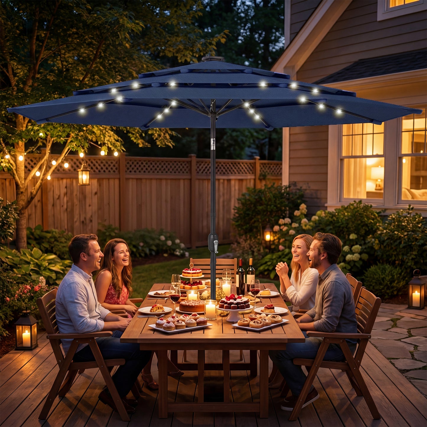 2.8 m Garden Parasol Umbrella with LED Solar Light, Parasol Cover, 3 Tier Outdoor Table Market Patio Umbrella, Navy Blue