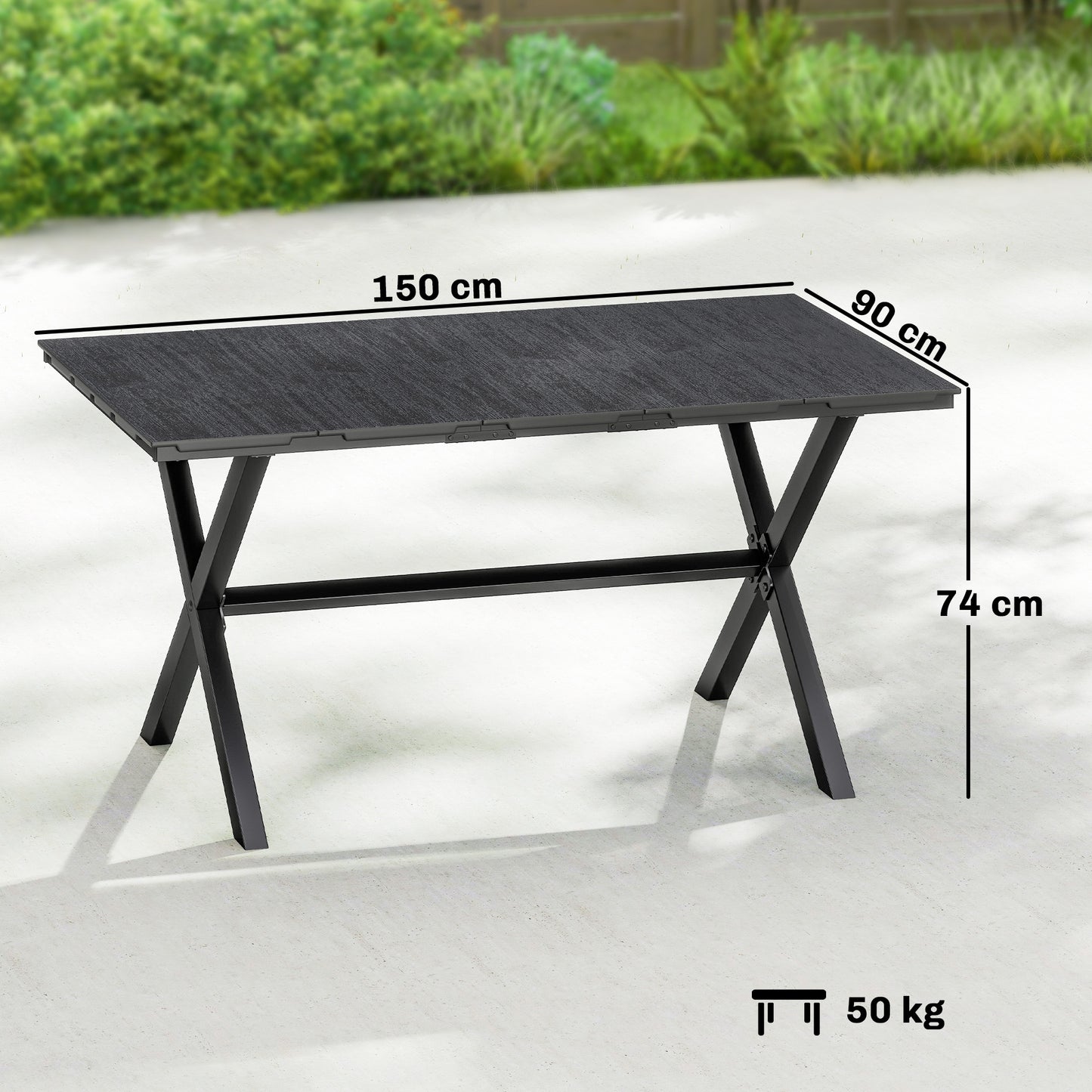 Garden Dining Table for 6, Rectangular Outdoor Table with Wood Effect HDPE Top, X-Shaped Metal Legs, Black