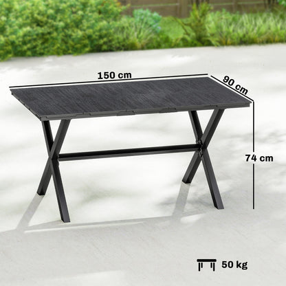 Garden Dining Table for 6, Rectangular Outdoor Table with Wood Effect HDPE Top, X-Shaped Metal Legs, Black