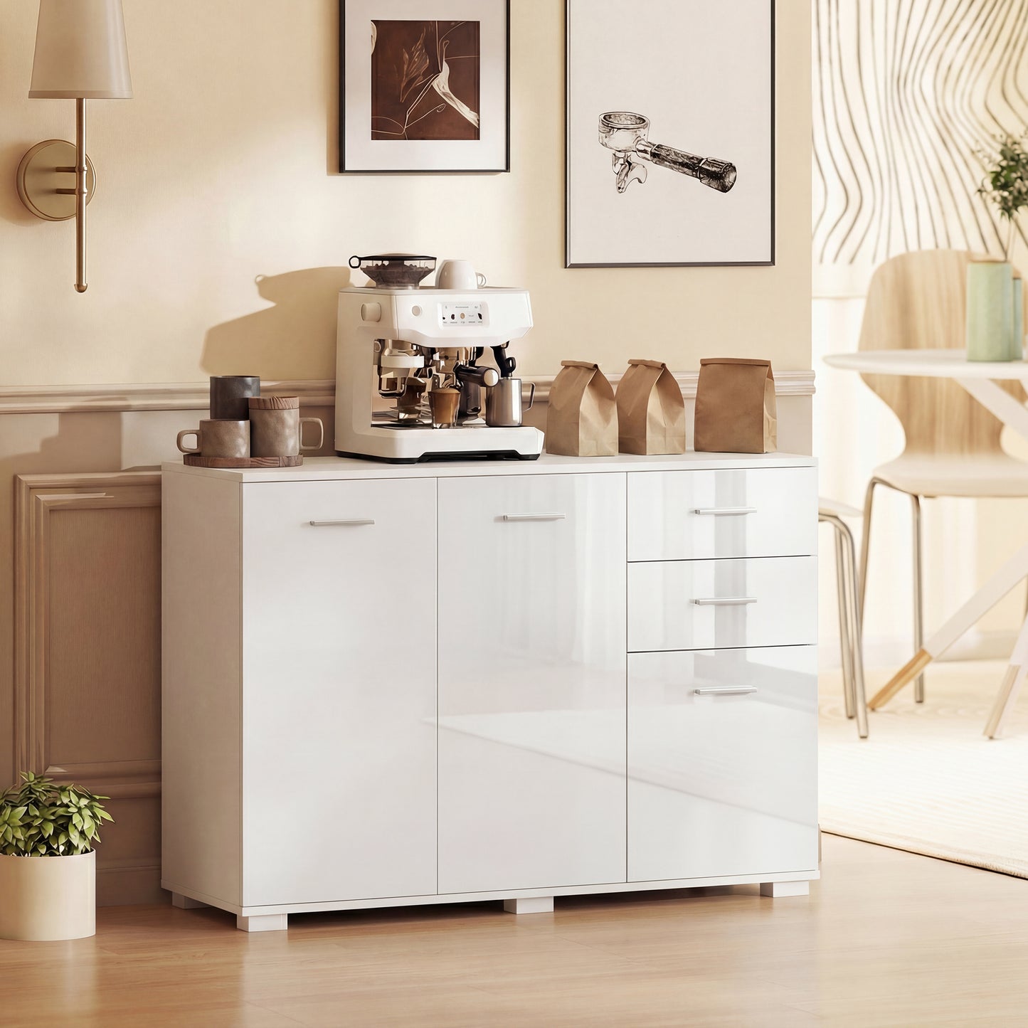 Sideboard, Modern Storage Cabinet with 2 Drawers, 3 Doors and Adjustable Shelves, High Gloss White