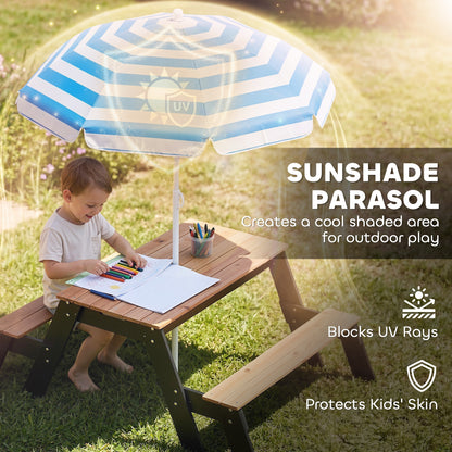 Kids Garden Furniture with Parasol, 3 in 1 Wooden Sand and Water Table with 2 Hidden Play Boxes for Patio, Ages 3-6