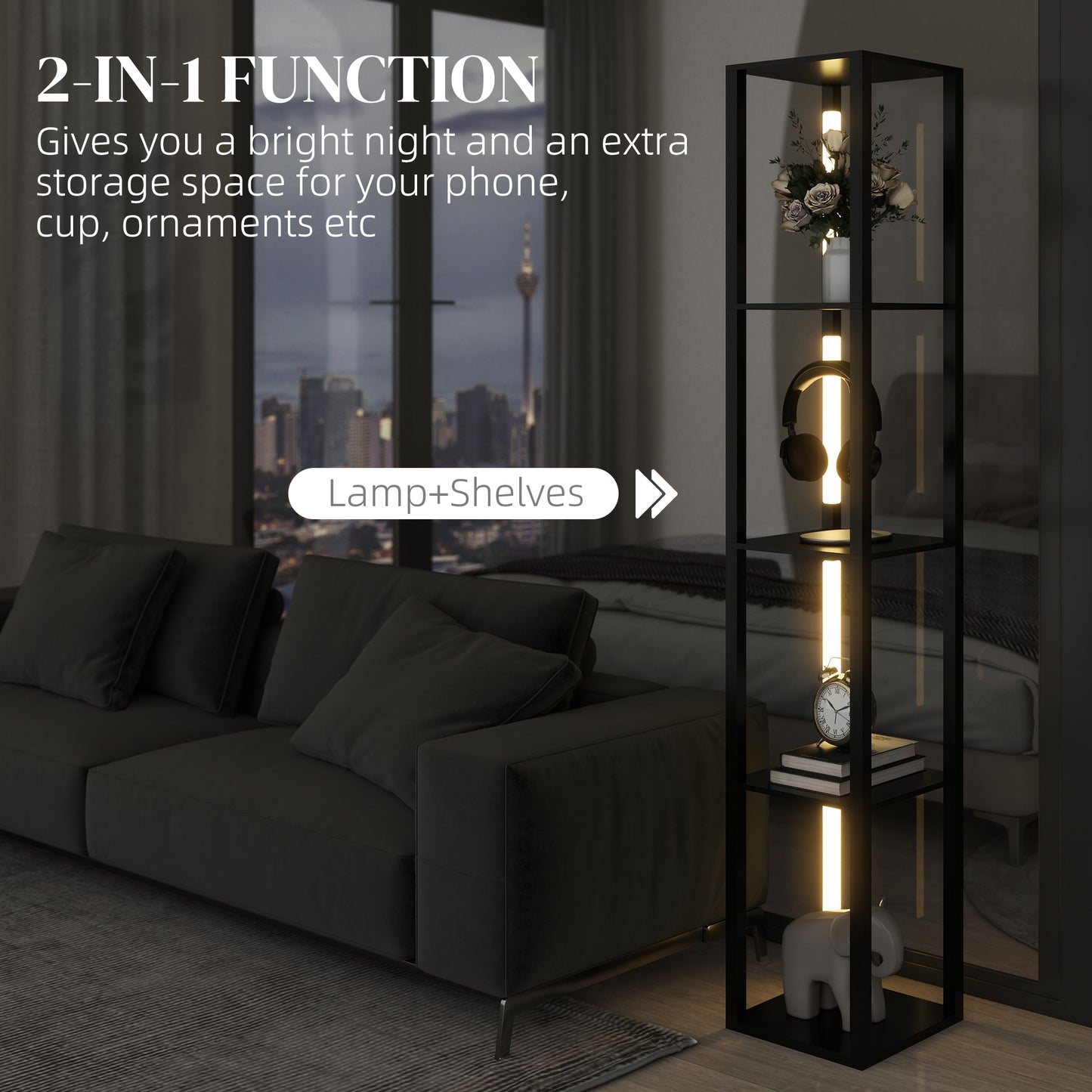 LED Floor Lamp with Shelves, Modern Dimmable Standing Lamp with 3 Brightness Levels and Foot Switch for Living Room, Bedroom