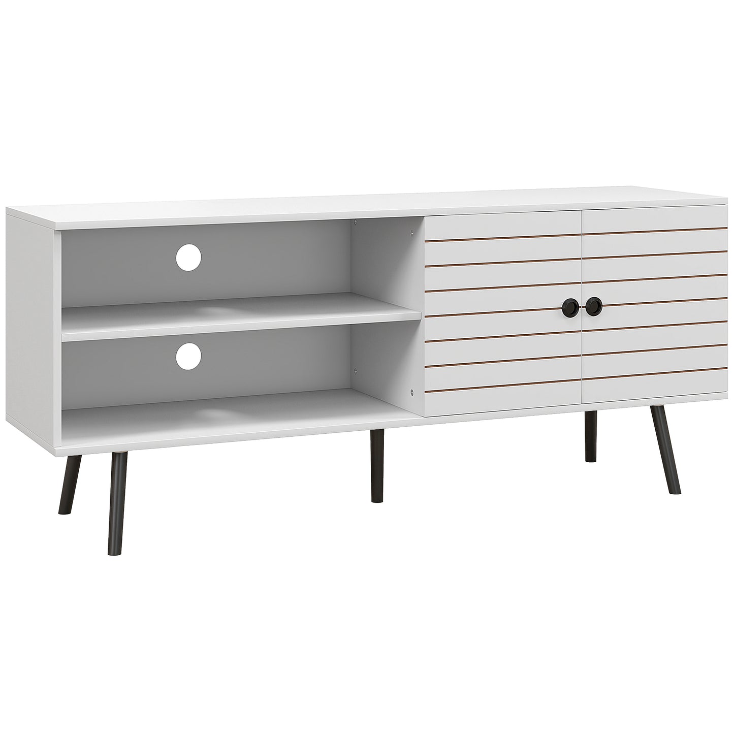 TV Stand with Cupboard, Open Shelves, Striped Doors, Wooden legs, White