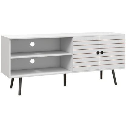 TV Stand with Cupboard, Open Shelves, Striped Doors, Wooden legs, White