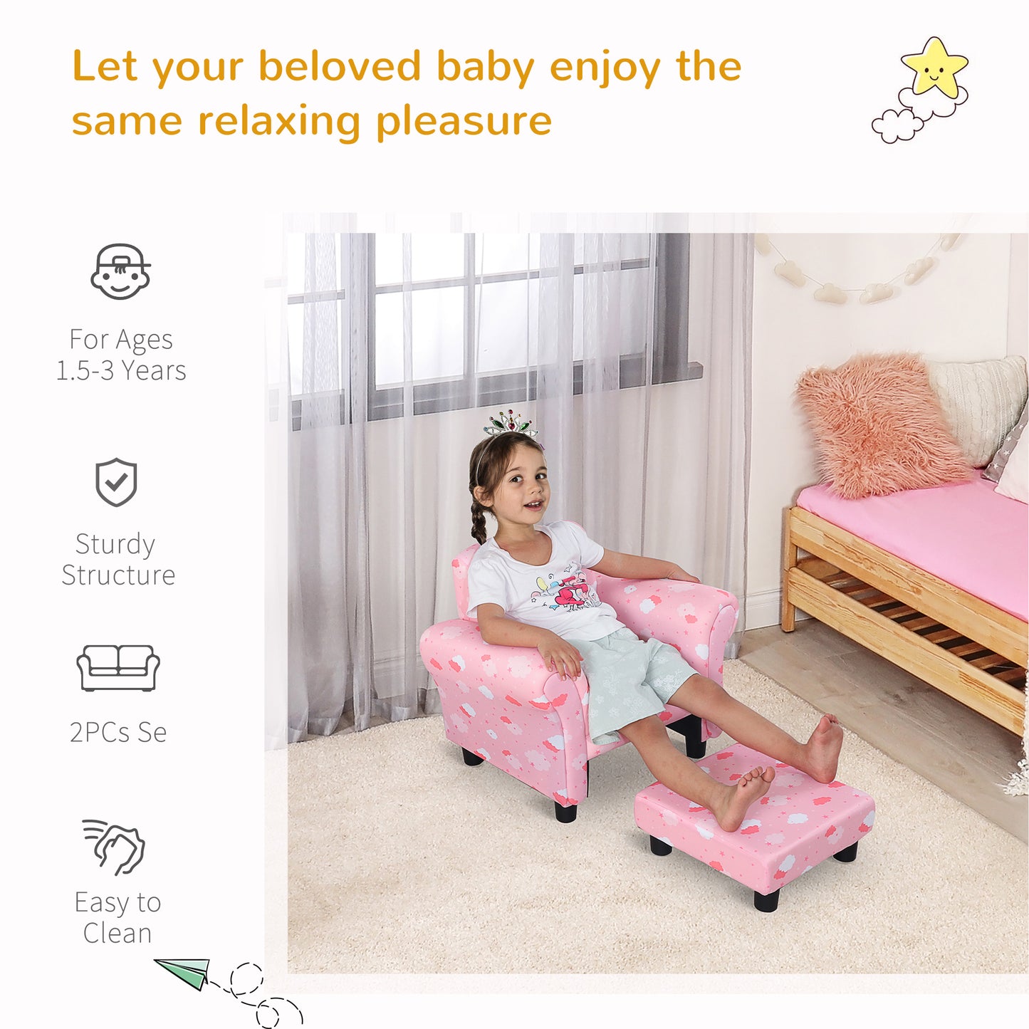 Toddler Chair Children's Armchairs Wood Frame w/ Footrest Anti-Slip Legs High Back Arms for Bedroom Playroom Cute Cloud Star