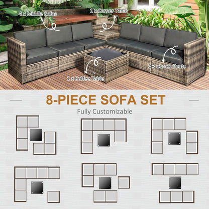8 Pieces Outdoor PE Rattan Sofa Set with Cushions and Glass Top Coffee Table, Mixed Brown