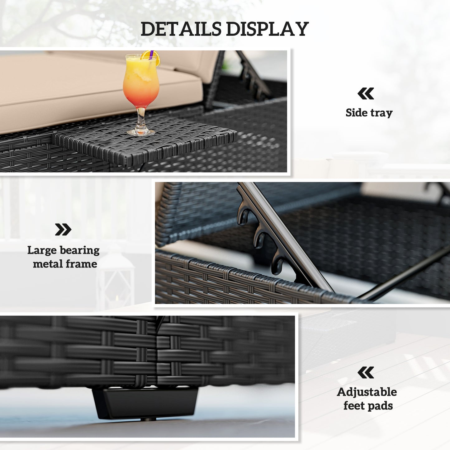 Rattan Sun Lounger with 5-Level Reclining Back Side Tray and Cushion, Black