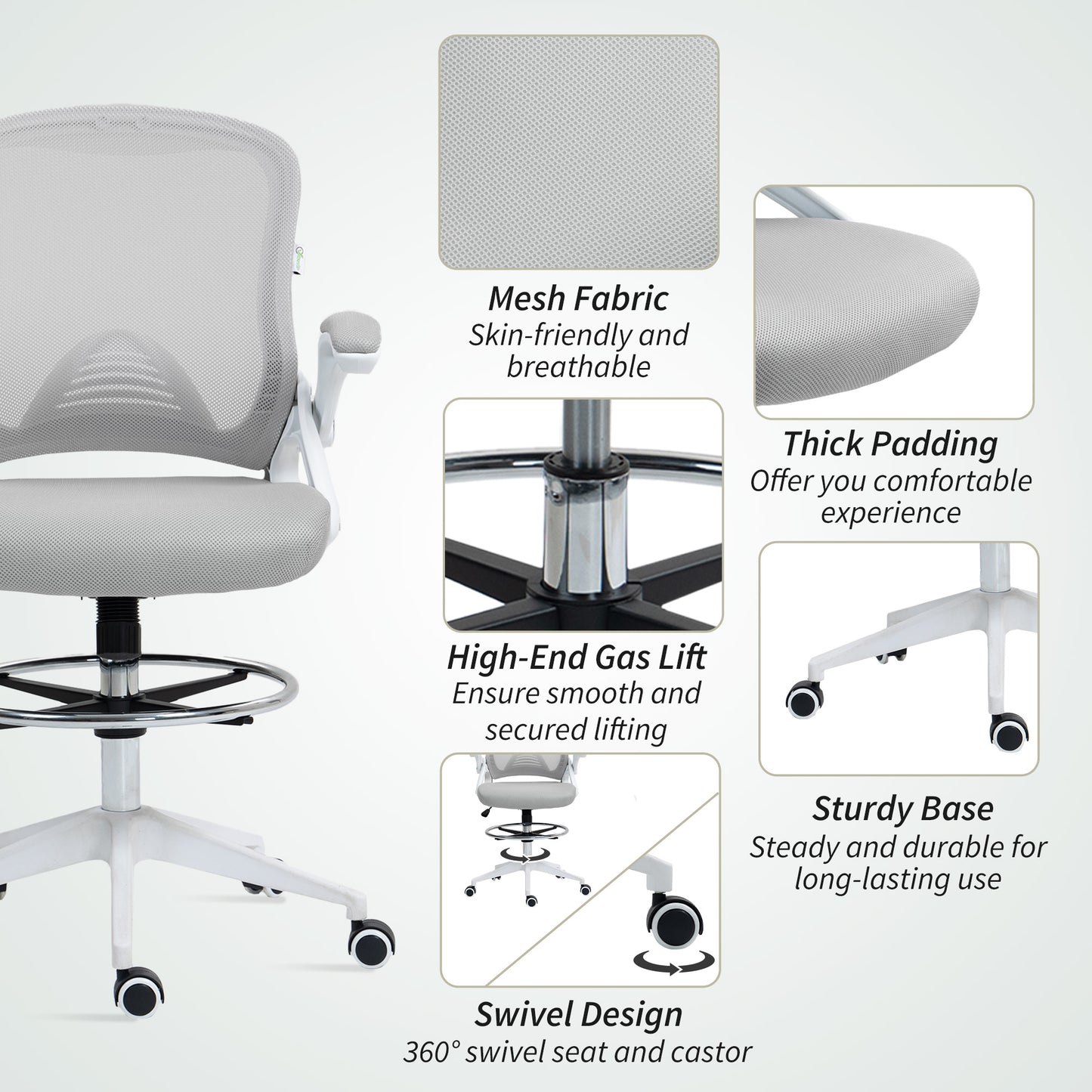 Drafting Chair with Flip-up Armrest, Mesh Office Stool with Foot Ring