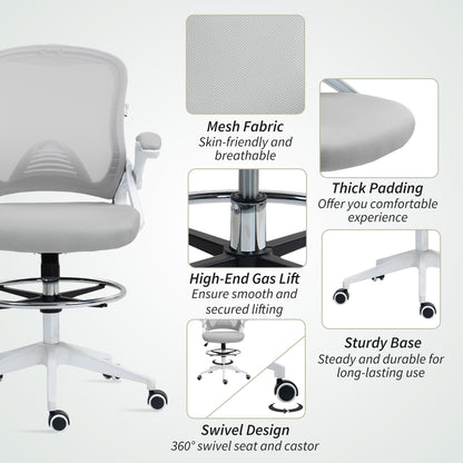 Drafting Chair with Flip-up Armrest, Mesh Office Stool with Foot Ring