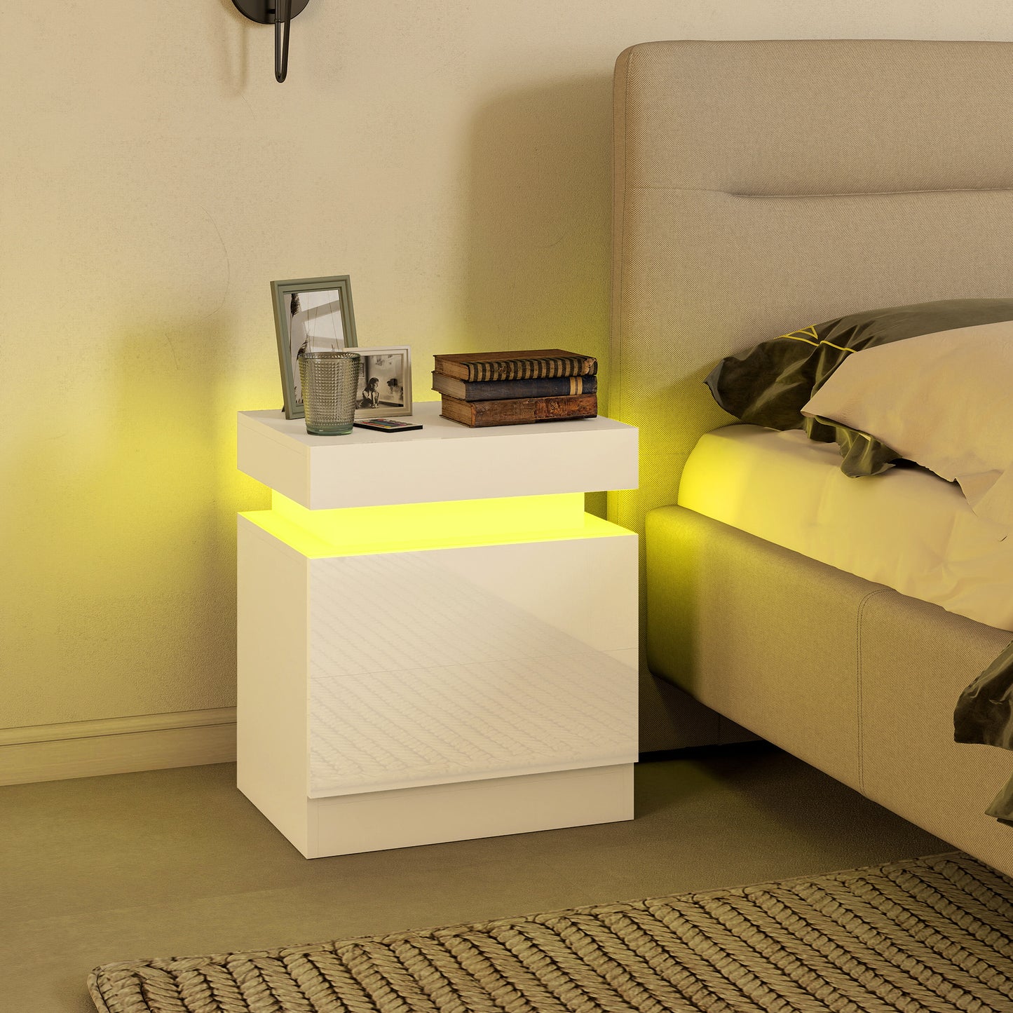 White Bedside Table with LED Light, High Gloss Front Nightstand with 2 Drawers, for Living Room, Bedroom, Set of 2