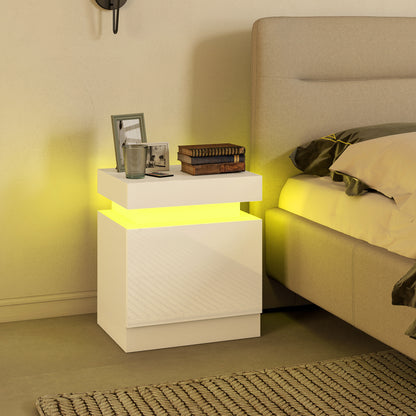 White Bedside Table with LED Light, High Gloss Front Nightstand with 2 Drawers, for Living Room, Bedroom, Set of 2