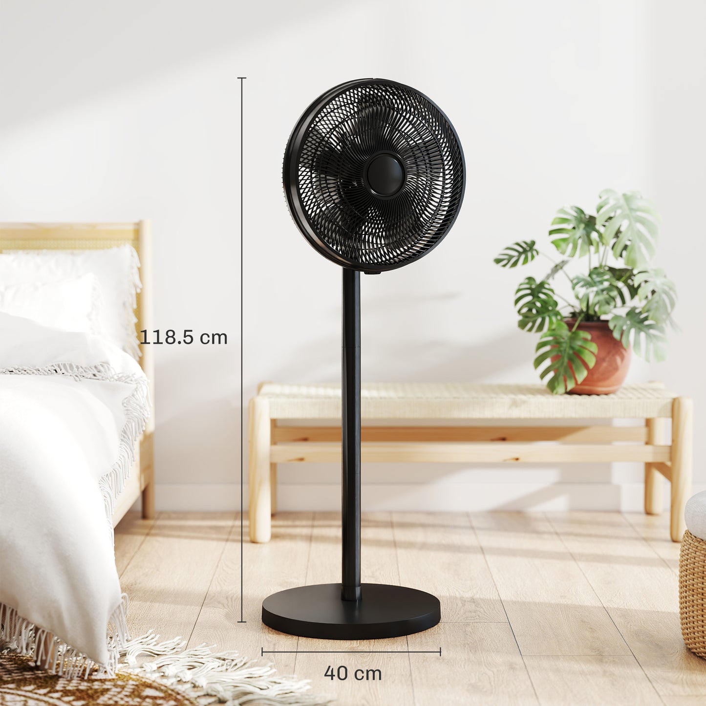 40 cm Standing Fan, Cooling Floor Fan with 80° Oscillating, Adjustable Tilt and Height, 4 Speed, Remote Control, Black