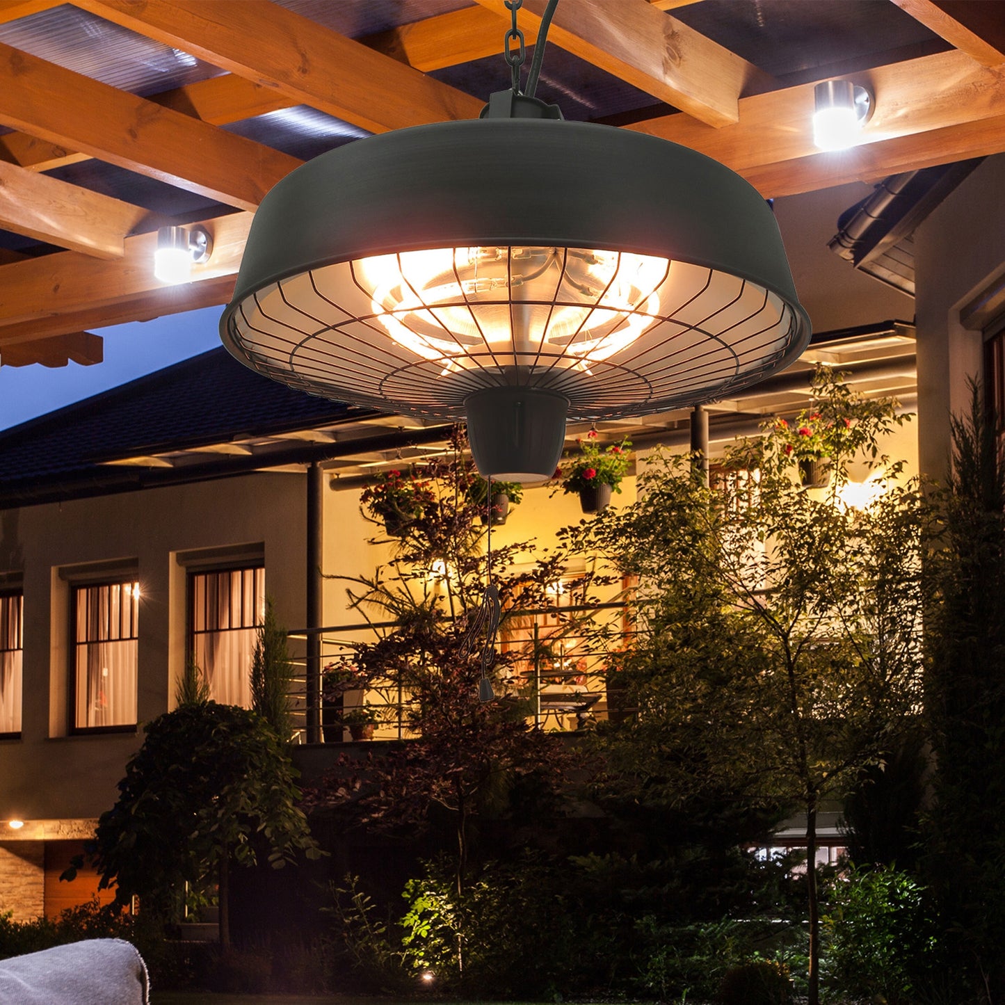 Adjustable Power 1000/2500W Infrared Halogen Electric Patio Light Heater, Ceiling Hanging Mount -Black