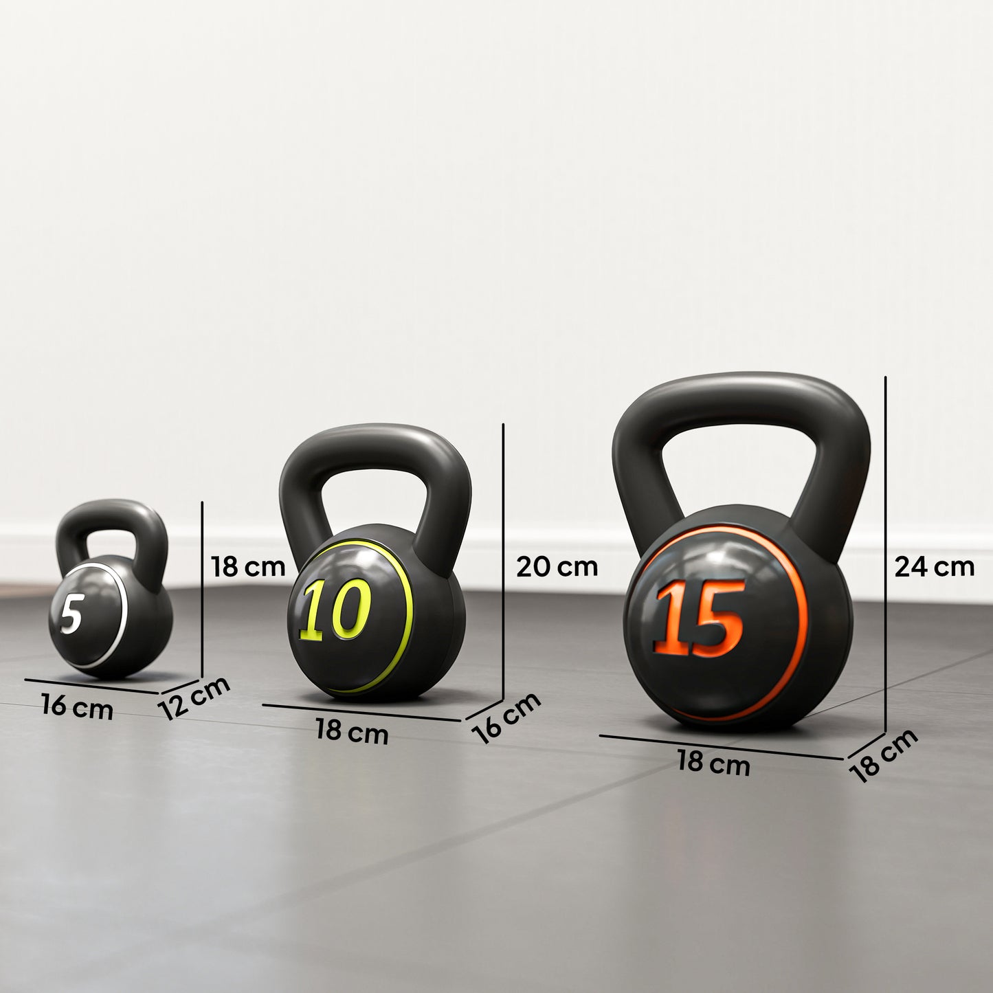Three-Piece Kettlebell Set, 5lbs, 10lbs, 15lbs with Storage Tray