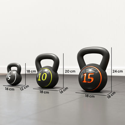 Three-Piece Kettlebell Set, 5lbs, 10lbs, 15lbs with Storage Tray