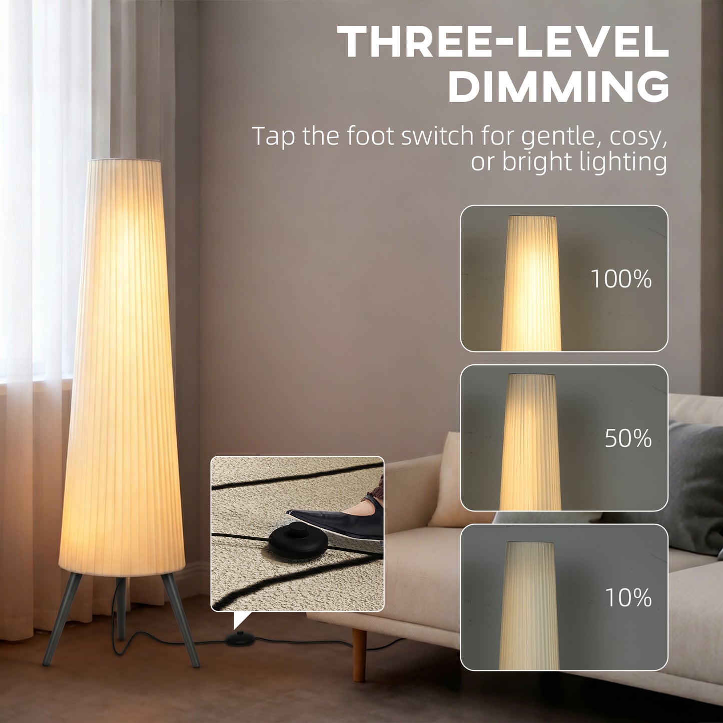 Dimmable Tripod Floor Lamp with Foot Switch, Nordic Standing Lamp with Fabric Shade, 153cm, White and Grey