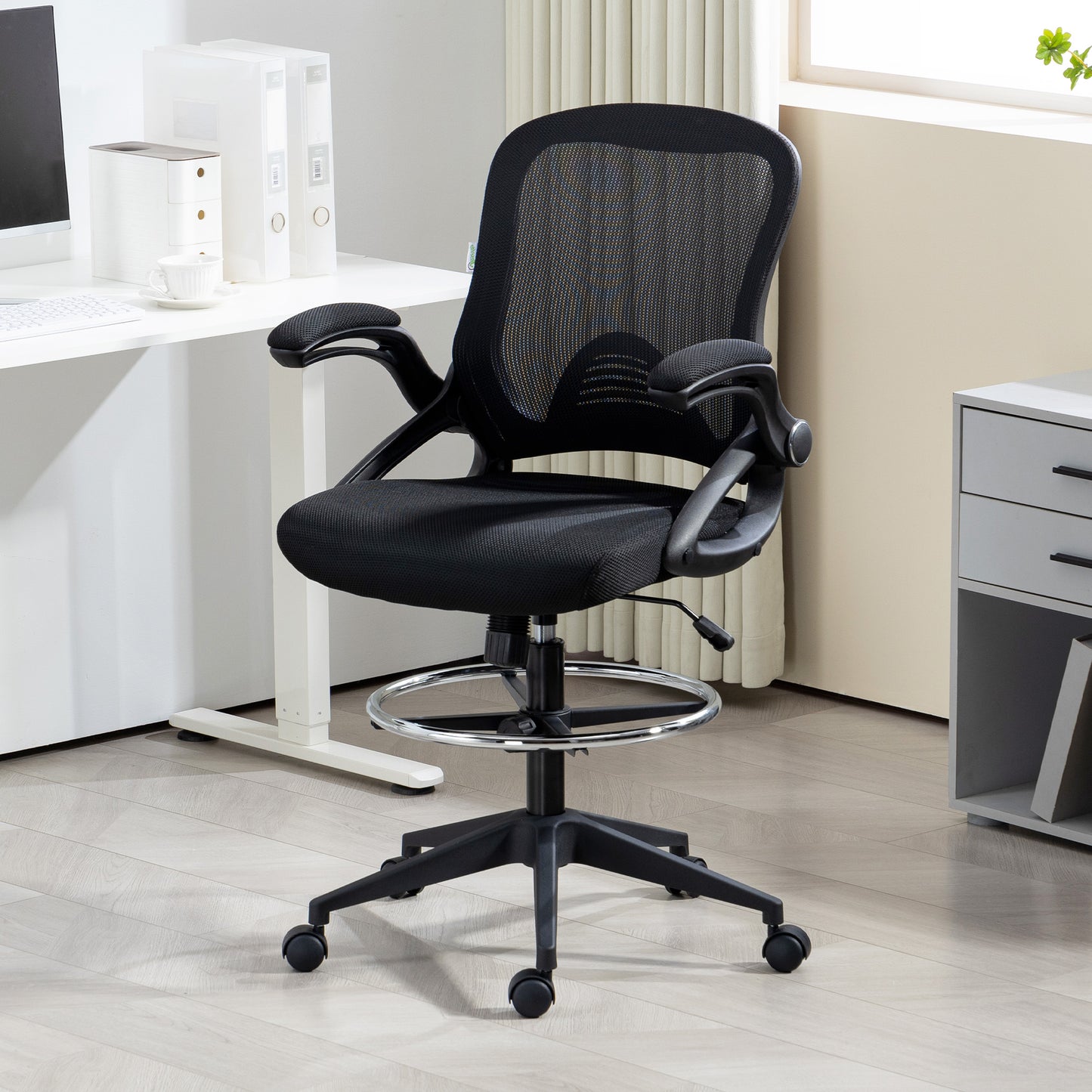 Drafting Chair with Flip-up Armrest, Mesh Office Stool with Foot Ring