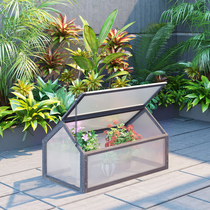 Wooden Cold Frame Garden Polycarbonate Greenhouse with Openable Top Cover, Grow House for Flowers, Vegetables, Plants
