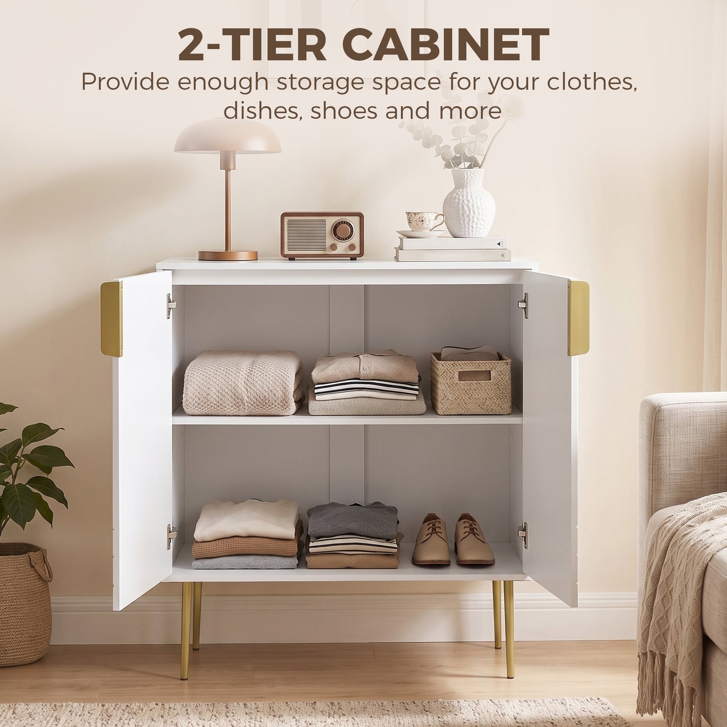 Modern Kitchen Cupboard, Storage Cabinet with 2 Doors, Adjustable Shelf and Metal Legs, White