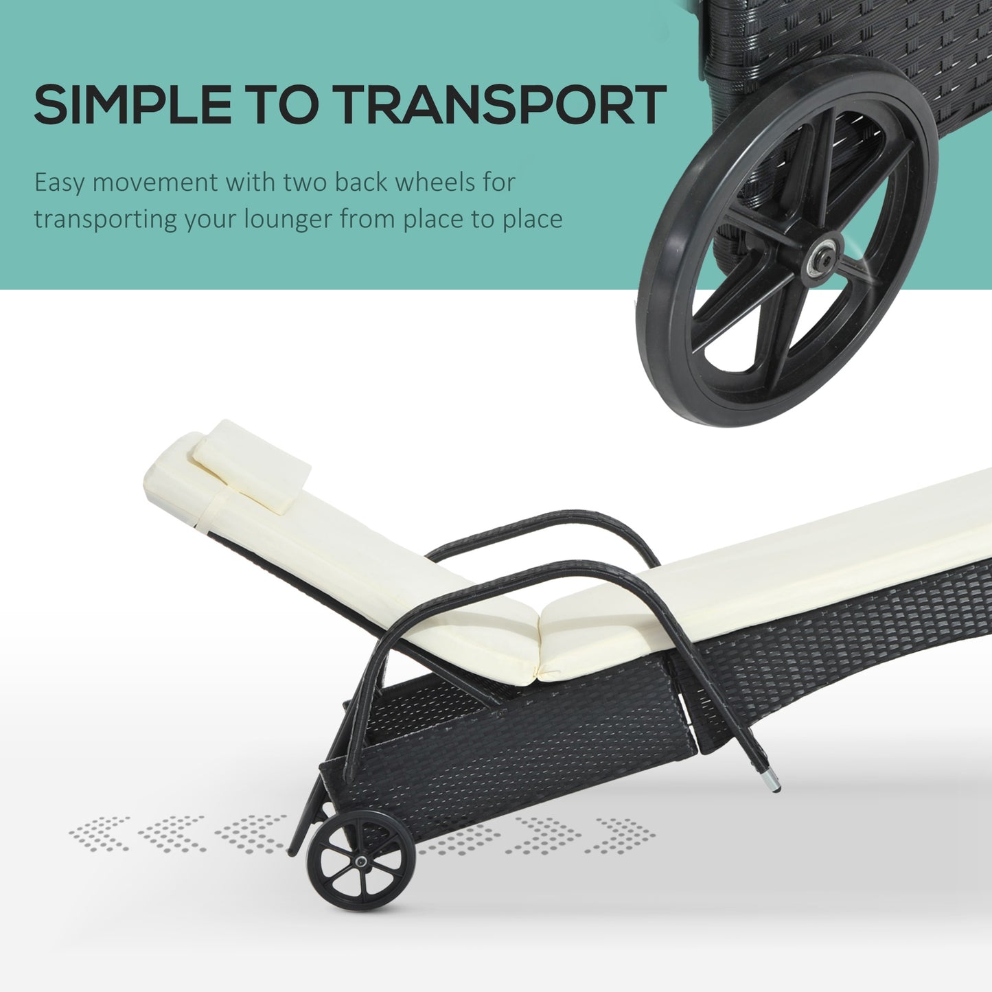 Rattan Sun Lounger, Garden Lounger Recliner with Wheels and Adjustable Backrest, Outdoor Reclining Sunbed Garden Chair