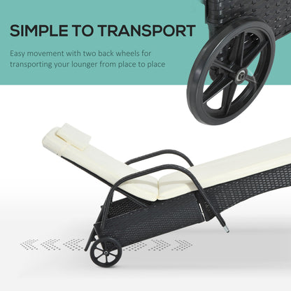 Rattan Sun Lounger, Garden Lounger Recliner with Wheels and Adjustable Backrest, Outdoor Reclining Sunbed Garden Chair