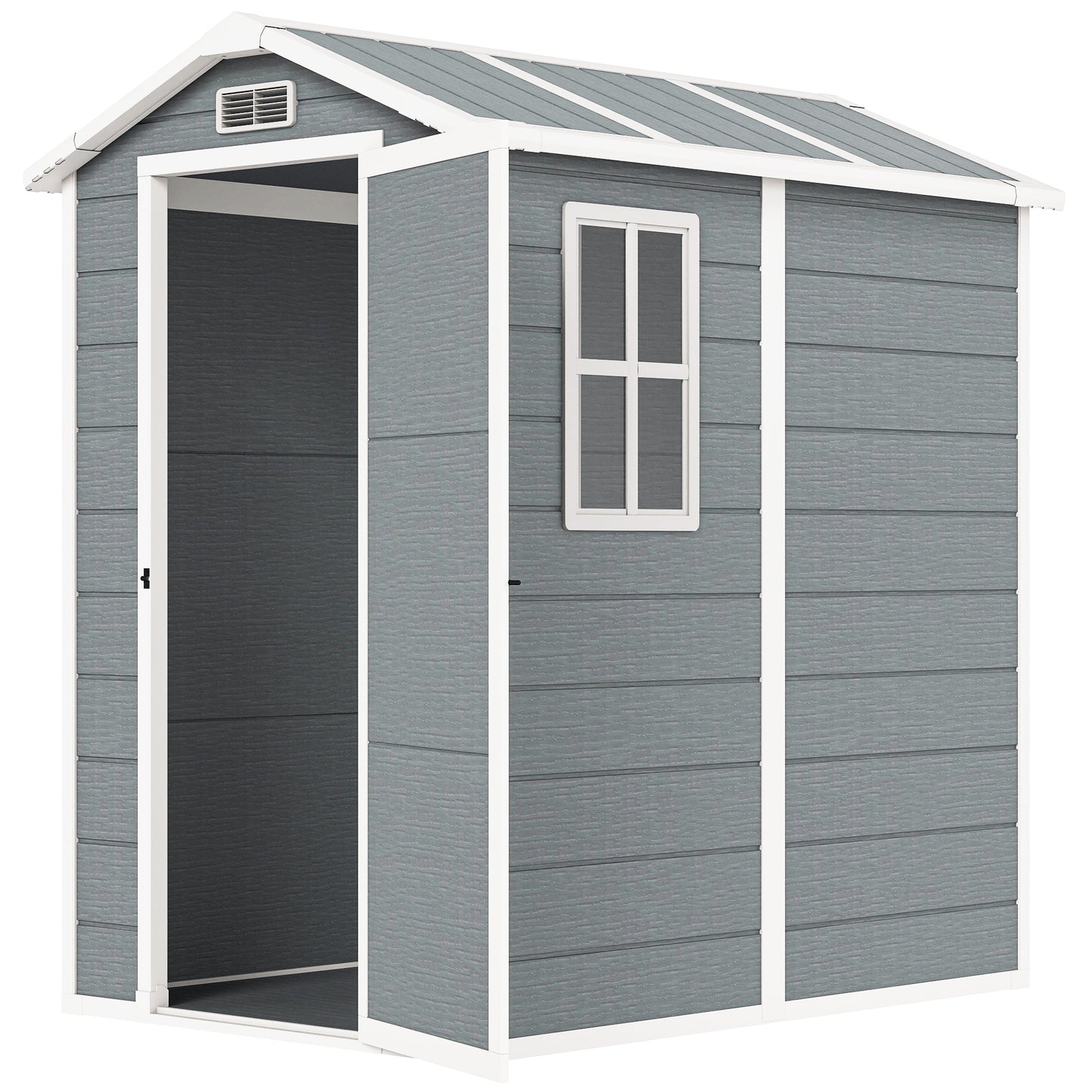 4 x 6ft Garden Shed, Plastic Shed with Floor, Window, Lockable Door and Vents, Resin Tool Shed for Outdoor Patio Storage