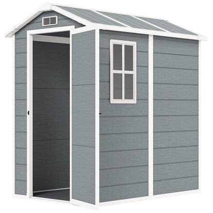4 x 6ft Garden Shed, Plastic Shed with Floor, Window, Lockable Door and Vents, Resin Tool Shed for Outdoor Patio Storage