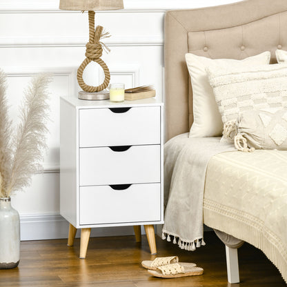 Bedside Table, Bedside Cabinet with 3 Drawers, Side End Table with Pine Wood Legs for Bedroom Living Room, White