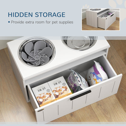 Raised Dog Bowl with Slow Feeder, Two Stainless Steel Dog Bowls, Drawer, for Large and Extra Large Dogs, White