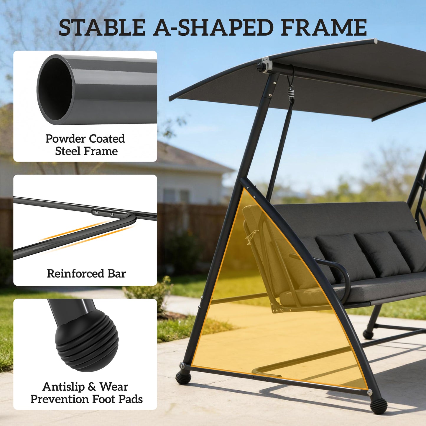 Outdoor 2-in-1 Swing Chair Lounger 3 Seater Garden Swing Seat Bed Convertible Tilt Canopy W/ Cushion, Dark Grey