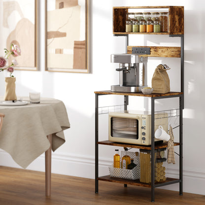 Kitchen Storage Rack, Bakers Rack with Power Outlet, USB Charger, Rustic Brown