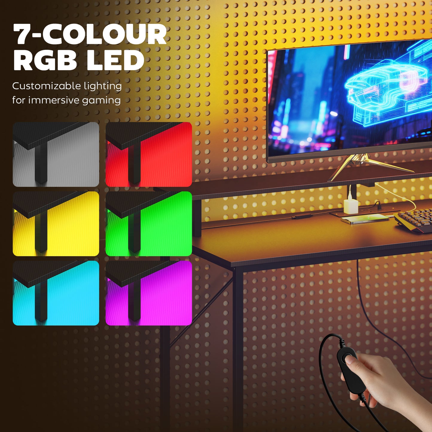 147cm Gaming Desk with Charging Station and Monitor Stand, Computer Table for Home Office with RGB Lights, Black