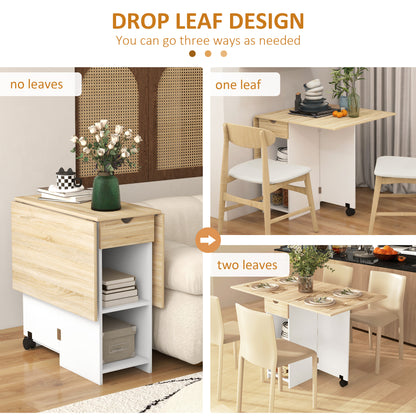 Folding Dining Table, Drop Leaf Table for Small Spaces, Foldable Table with Drawer and Storage Shelves for Kitchen