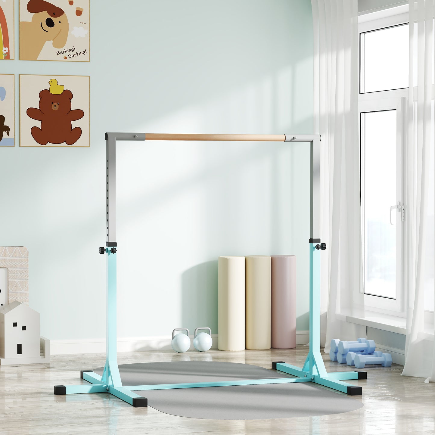 Height Adjustable Gymnastics Horizontal Bar for Kids, Children Junior Kip High Bar Fitness, Light Blue