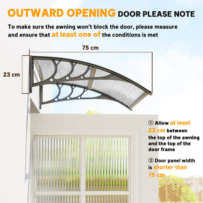 Front Door Canopy Outdoor Awning Aluminium Rigid Plastic Polycarbonate Rain Shelter UV Water Rain Resistant 100 x 75cm Clear