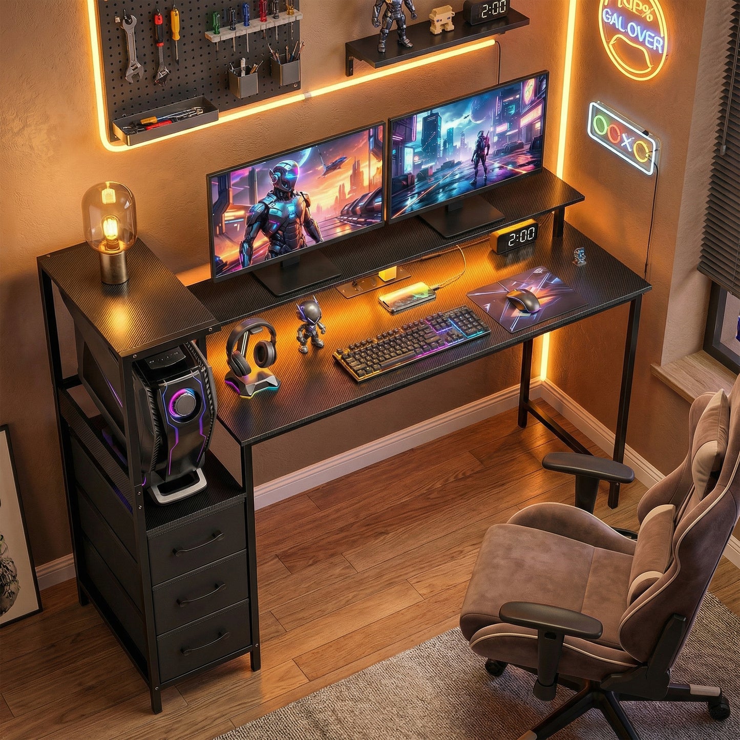 147cm Gaming Desk with Charging Station and Monitor Stand, Computer Table for Home Office with RGB Lights, Black