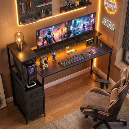 147cm Gaming Desk with Charging Station and Monitor Stand, Computer Table for Home Office with RGB Lights, Black