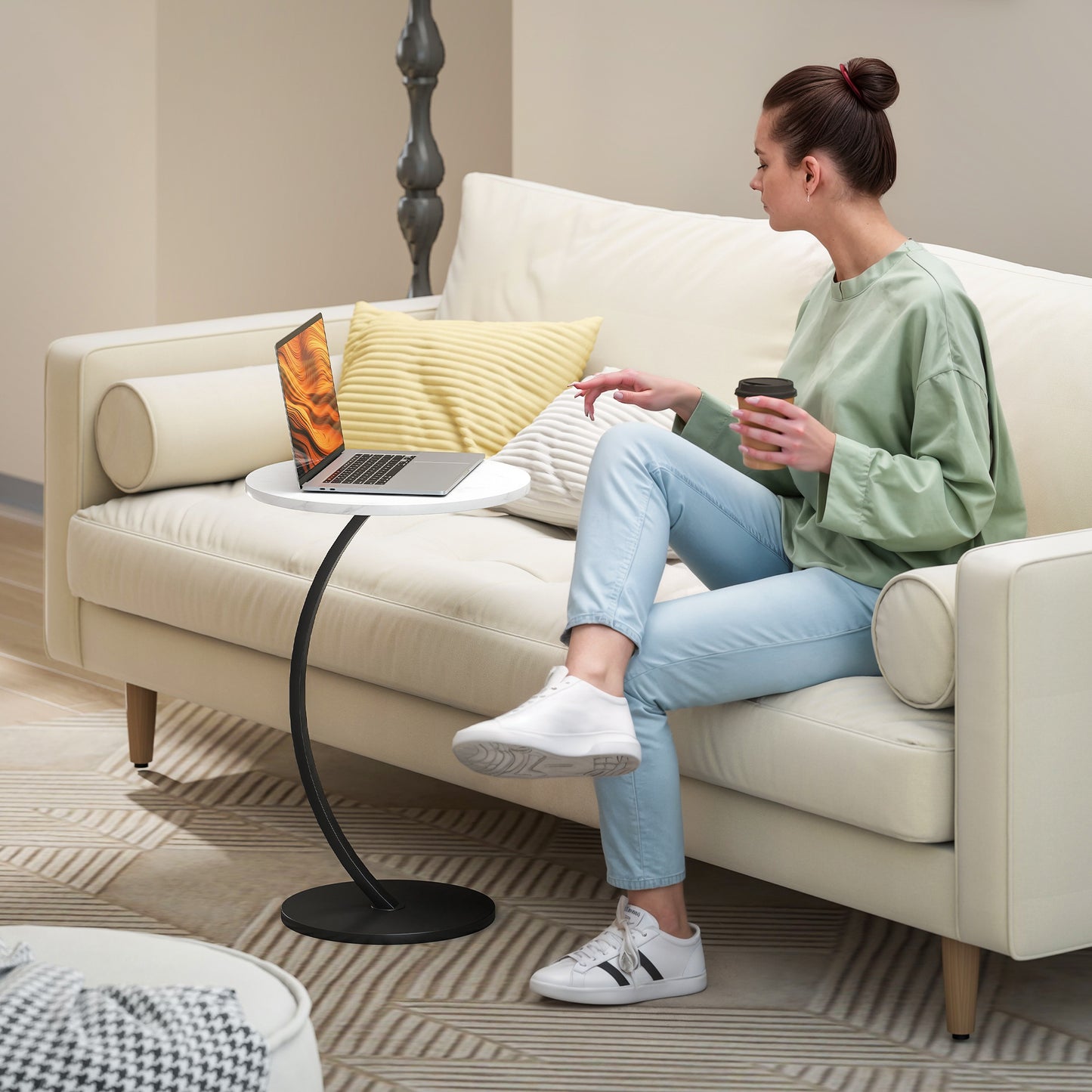 C Shaped Side Table, Round Bedside Table with Marble Effect Top