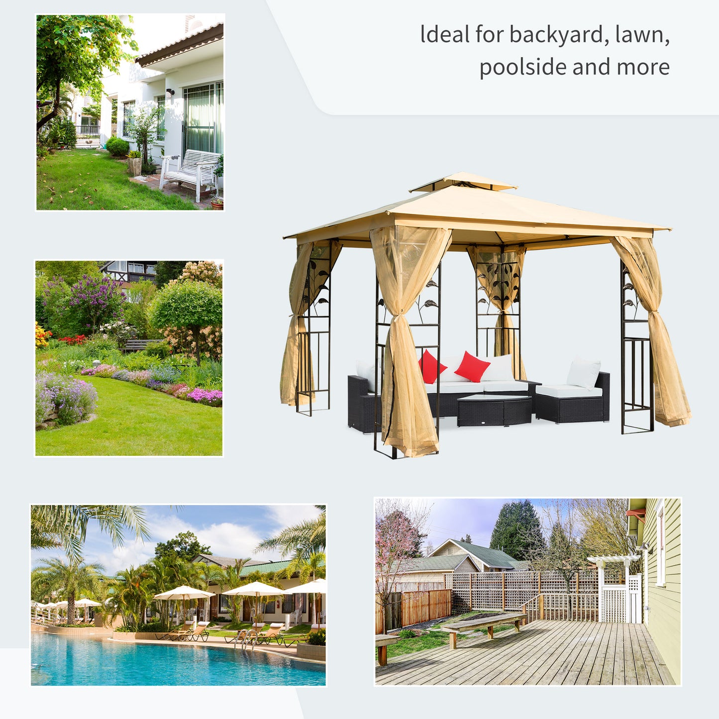 3(m) x 3(m) Garden Gazebo, Double Roof Outdoor Gazebo Canopy Shelter with Netting, Solid Steel Frame, for Garden