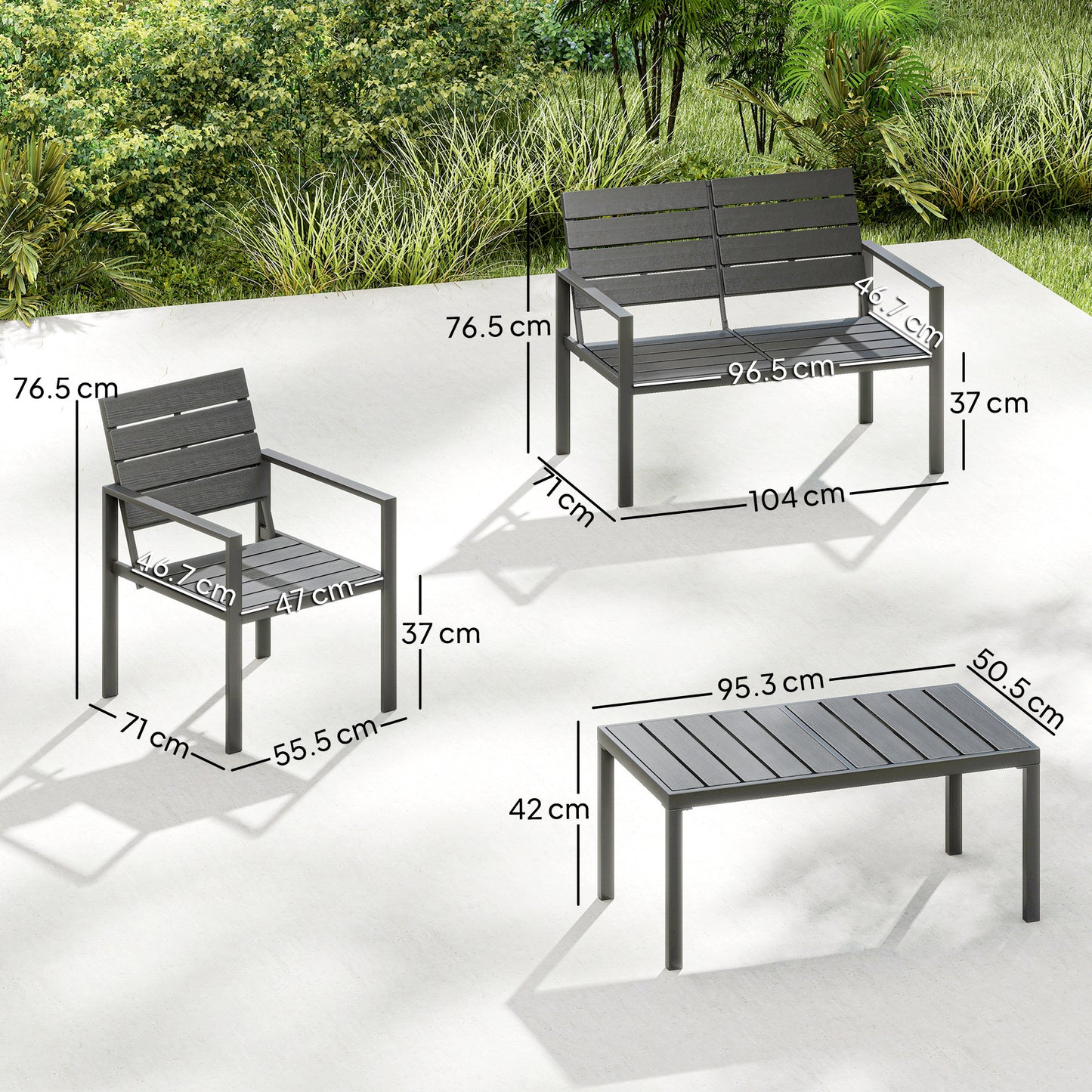 4 Piece Garden Furniture Set, Outdoor Sofa Set with HDPE Slatted Loveseat Armchairs Coffee Table Metal Frame, Dark Grey