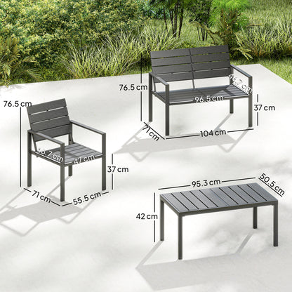 4 Piece Garden Furniture Set, Outdoor Sofa Set with HDPE Slatted Loveseat Armchairs Coffee Table Metal Frame, Dark Grey