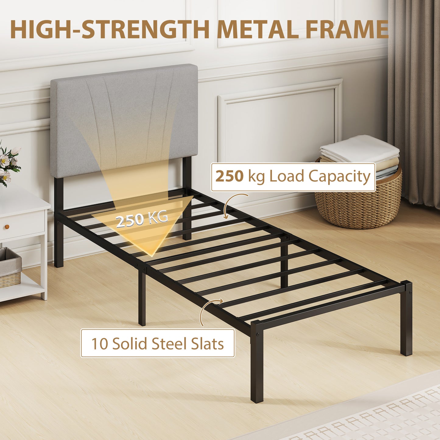 3FT Single Bed Frame with Upholstered Headboard and Underbed Storage, Black and Light Grey