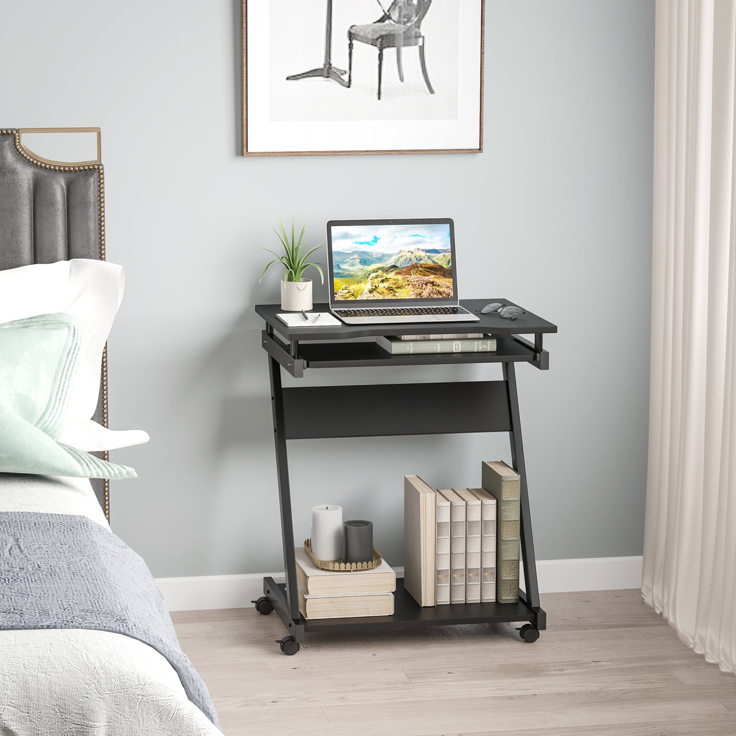 Movable Computer Desk with 4 Moving Wheels and Keyboard Tray Black