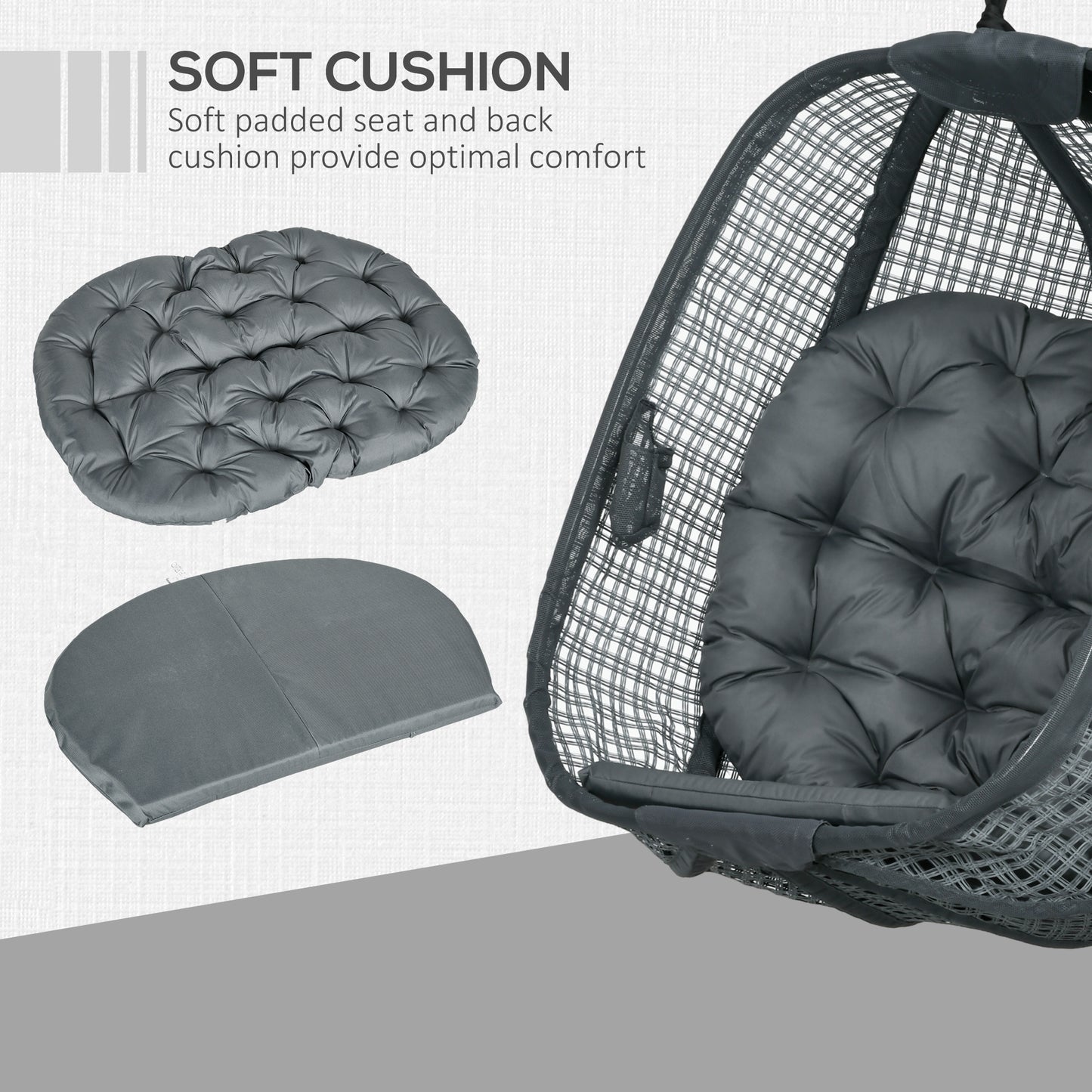 Outdoor Swing Chair with Thick Padded Cushion, Patio Hanging Chair with Metal Stand, Egg Chair with Foldable Basket